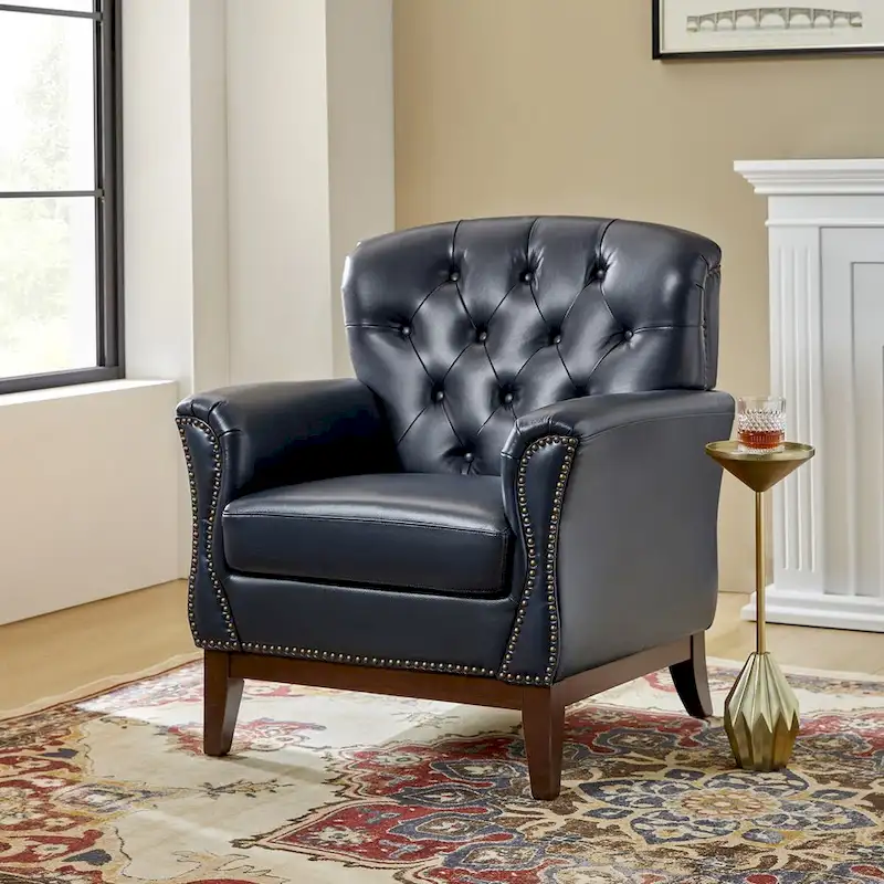 Burt Traditional Genuine Leather Accent Chair with Tufted Wing Back by HULALA HOME