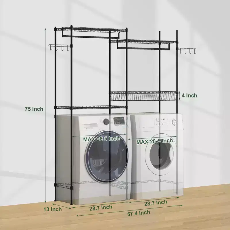 57.4 Over Washer and Dryer Laundry Shelf with Adjustable Towel Racks, Hamper & Hooks, Space-Saving Organization for Laundry Room