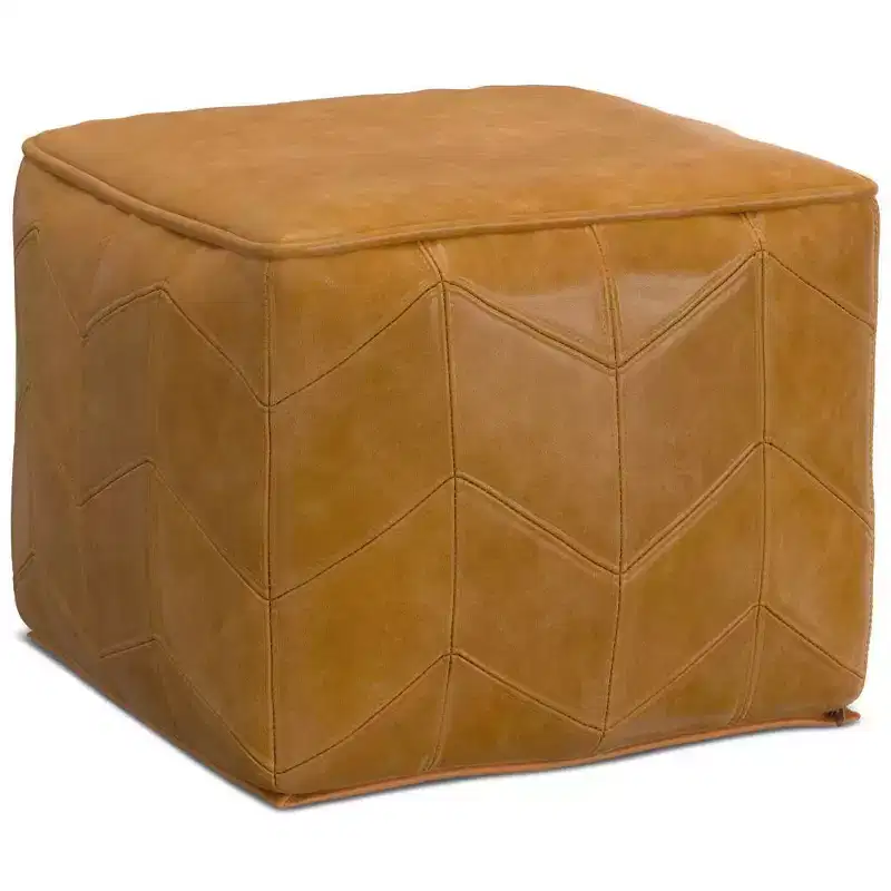 Square Pouf Brown: Chevron Genuine Leather, No Assembly, Padded Seating
