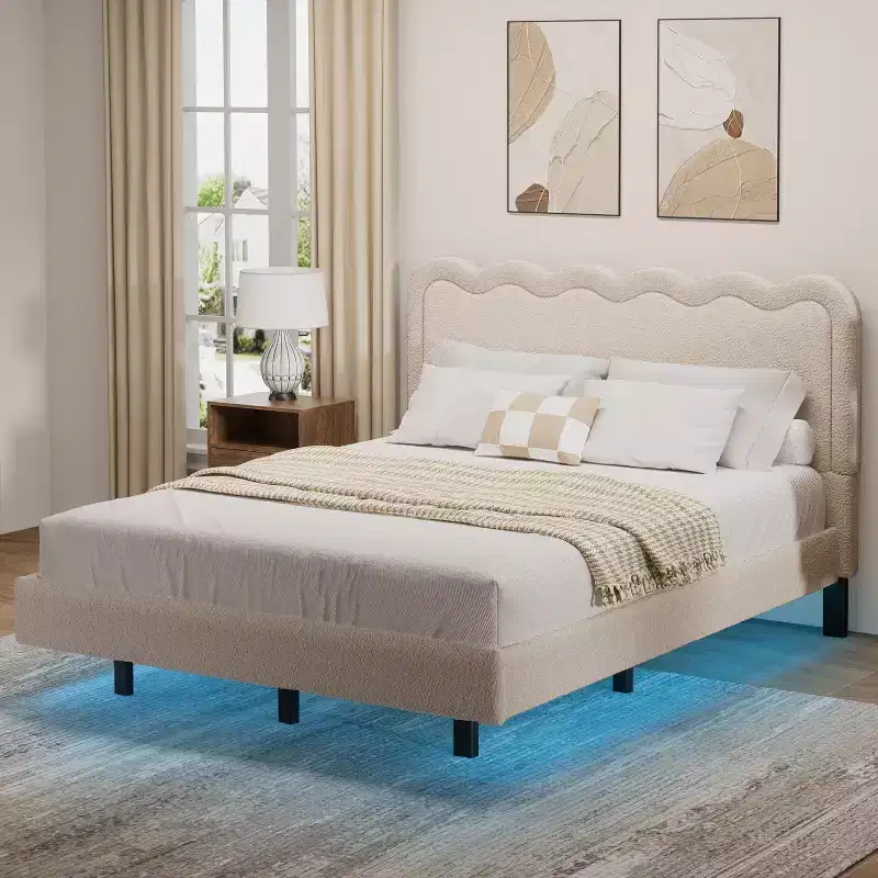 Dyonery Queen Size Boucle Bed Frame with LED Light,Floating Bed Frame with Waved Headboard & Sturdy Metal Frame,No Box Spring Noise-Free,Easy Assembly