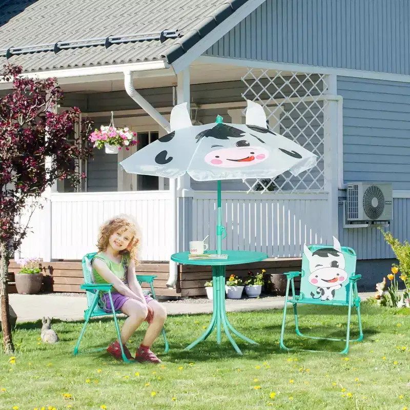 Kids Table and Chair Set with Adjustable Umbrella Outdoor Folding Picnic Furniture