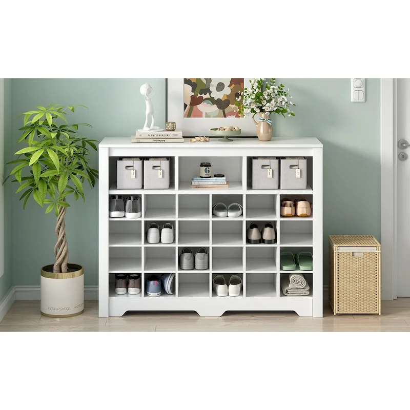Sleek Design 24 Shoe Cubby Console, Modern Shoe Cabinet with Curved Base, Versatile Sideboard with High-quality