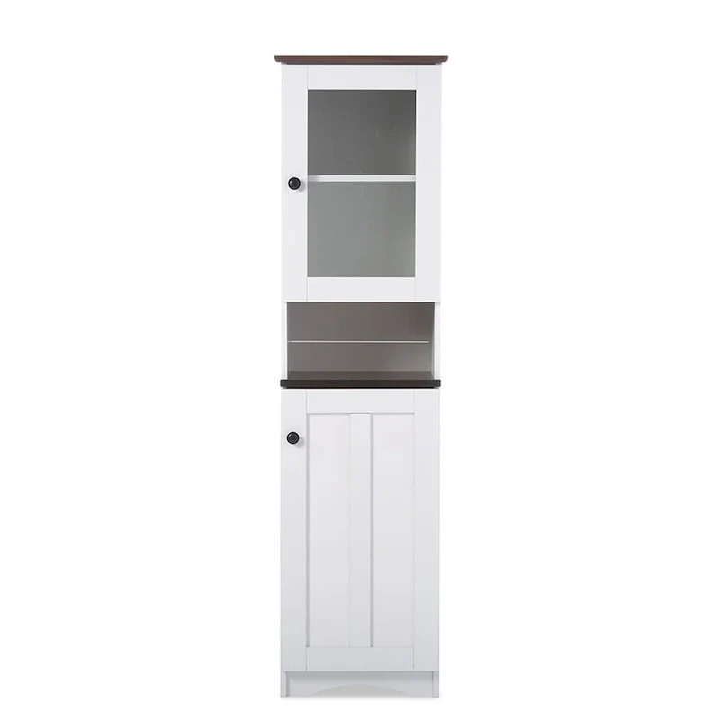 Freestanding Kitchen Storage Cabinet with Glass and MDF Doors – White and Wenge