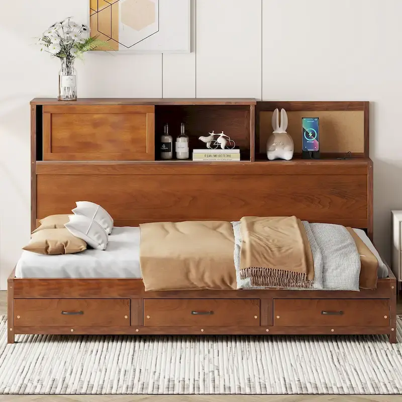 Full Size Wooden Daybed with 3 Storage Drawers, USB Ports, Pushable Shelf, Walnut