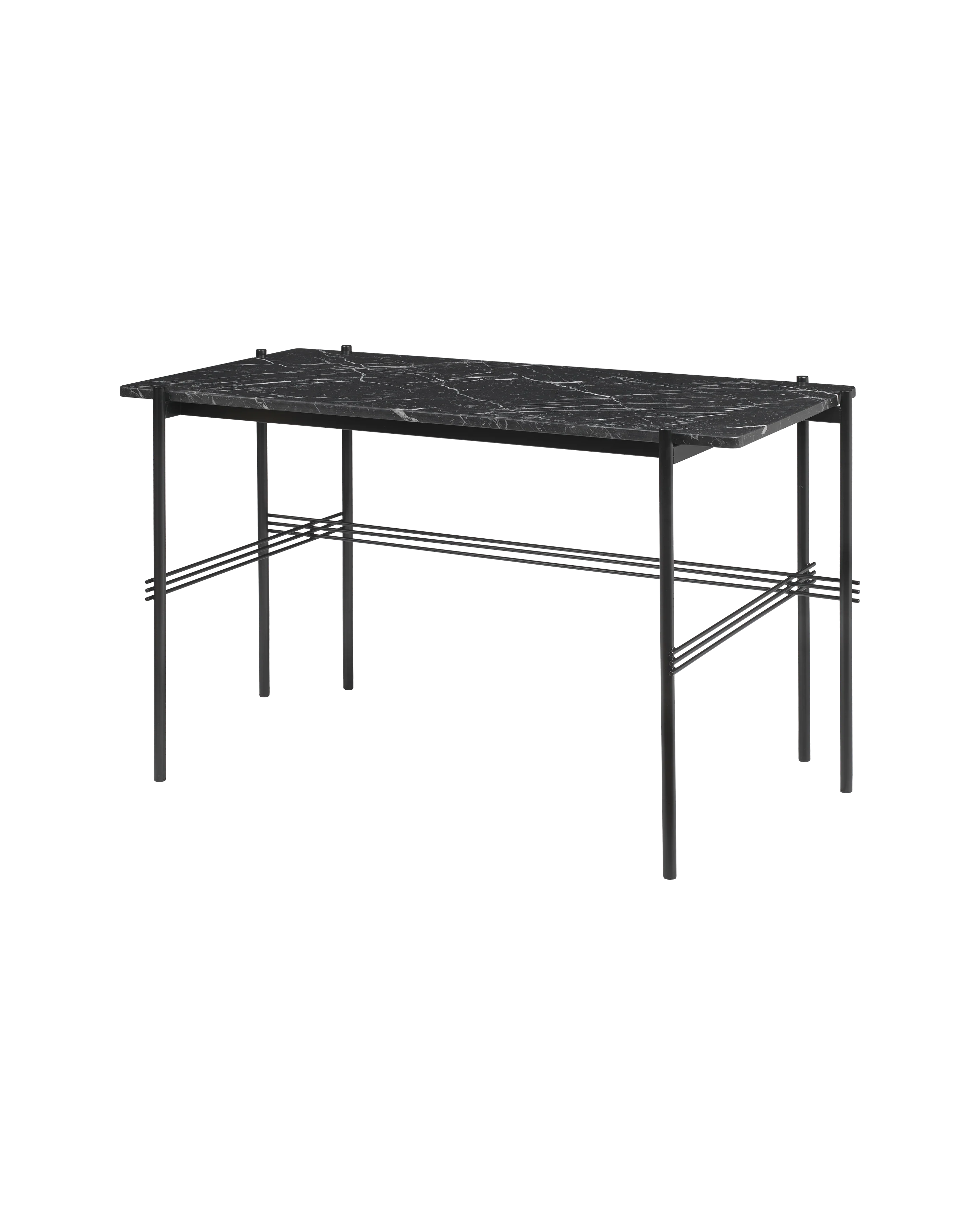 Mid-Century Black Marble Desk with Cross Steel Frame & Lower Shelf for Study or Home Office
