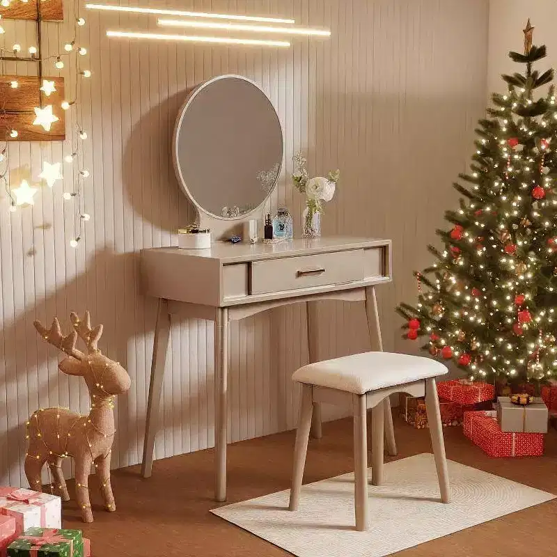 Okak Contemporary Wooden Vanity Desk with Stool, Makeup Vanity with Round Mirror and 1 Drawer, Girls Vanity for Bedroom, Dressing Room