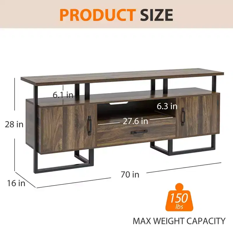 GustoWave 70 Industrial TV Stands, Entertainment Center with Storage & Drawer for Living Room, Rustic Brown