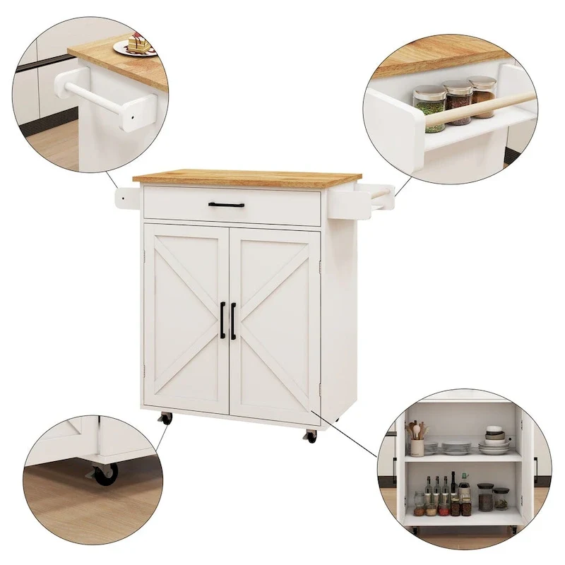 White Rubber Wood Kitchen Cart with Adjustable Shelves, Towel Rack