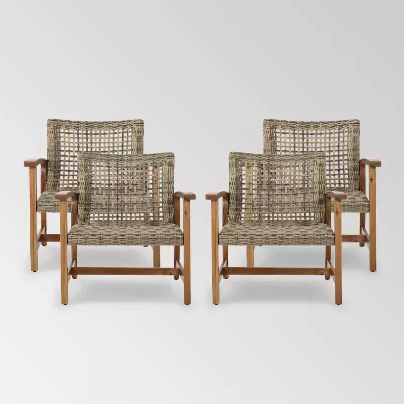 Hampton 4pk Wicker Mid-Century Club Chairs: Acacia Wood & Iron Frame - Christopher Knight Home