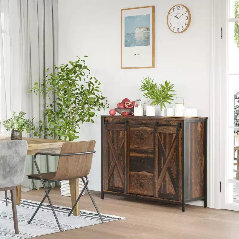 HOMCOM Industrial Farmhouse Buffet Cabinet, Kitchen Sideboard with Sliding Barn Doors, 3 Drawers and Adjustable Shelves for Living Room, Rustic Brown