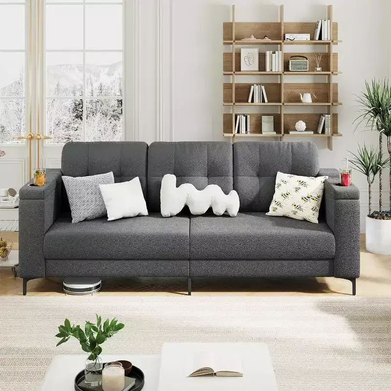 Acekool Modern Sofa Bed, 3-Seat Couch with Storage Armrests, Side Pockets & Cup Holder, Upholstered Sleeper for Living Room or Apartment