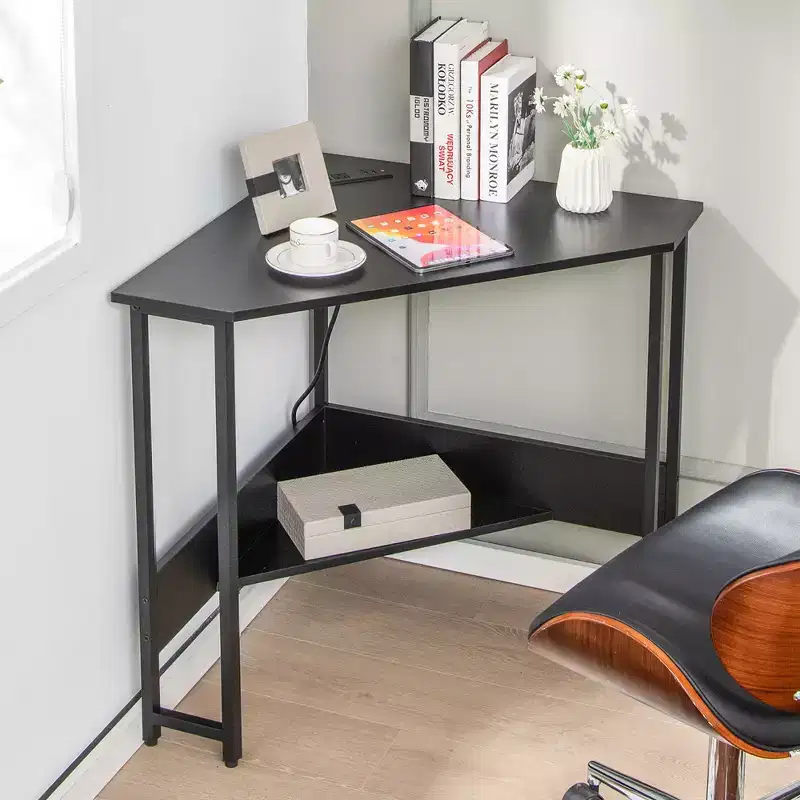 Triangle Computer Desk Corner Desk Home Office with Power Outlets USB Ports Black/Rustic