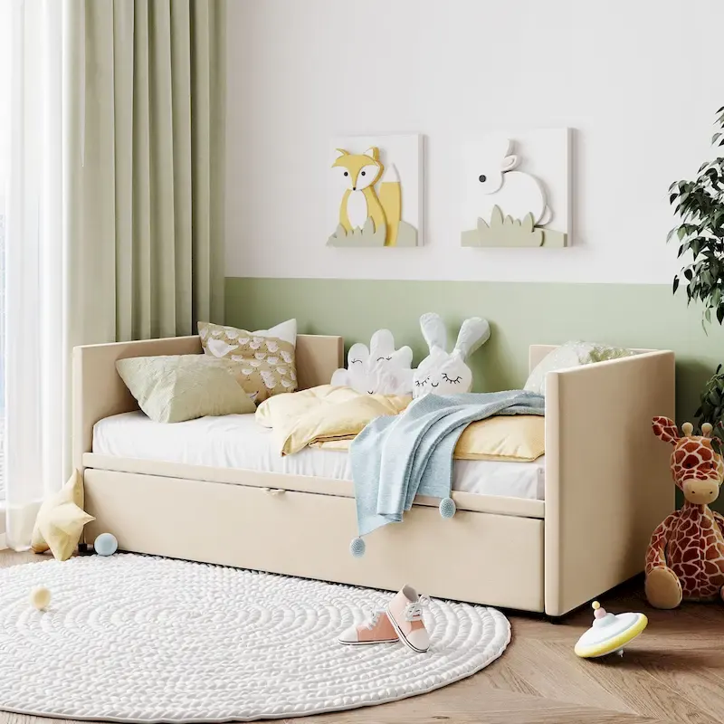 Beige Upholstered Twin Daybed with Pop-Up Trundle