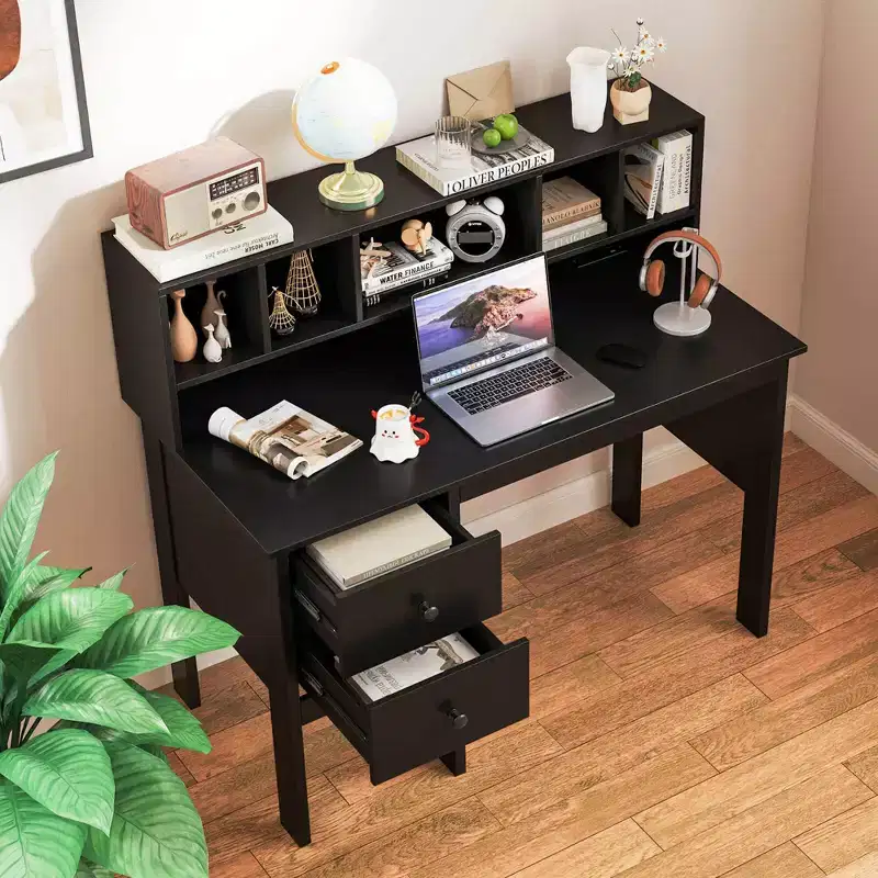 Costway 48 Computer Desk with Power Outlets Type-C 5-Cubby Hutch & 2 Storage Drawers Black/White