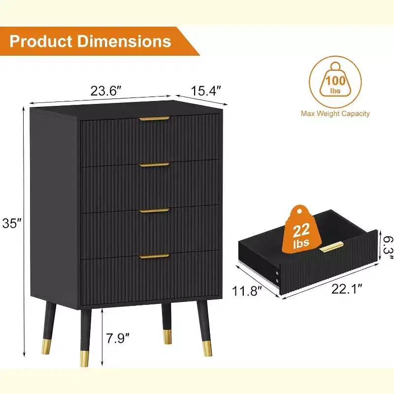 4-Drawer Dresser with Gold Metal Handles, Fluted Chest of Drawers for Bedroom, Living Room and Entryway