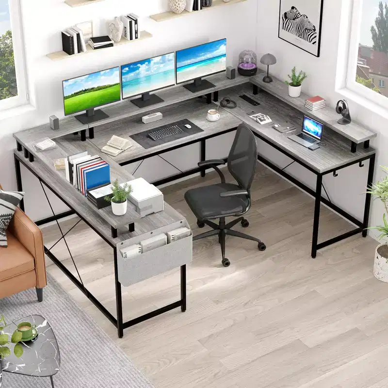 U Shaped Computer Gaming Desk, Reversible L Shaped Desk with Power Outlets, LED Strip & Monitor Stand