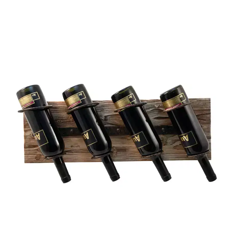 Twine 4 Bottle Wall Mount Wine Rack, Rustic Farmhouse Iron Metal & Wood Wine Holder, Wine Storage, Bar Decor, Housewarming Gifts for Men, 8 x 23.75