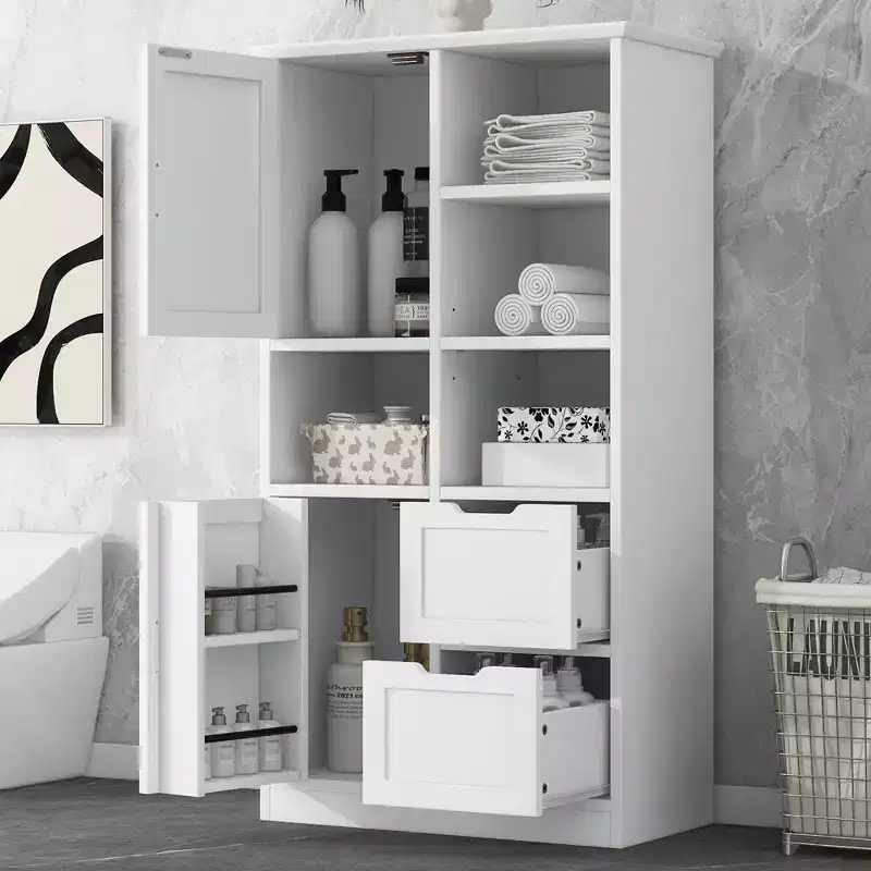 White Bathroom Storage Cabinet, Freestanding with Multiple Storage Compartments and Open Shelves