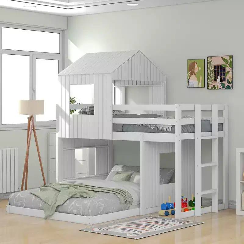 Bellemave Wooden Twin Over Full Bunk Bed, Loft Bed with Playhouse, Farmhouse, Ladder and Guardrails, White