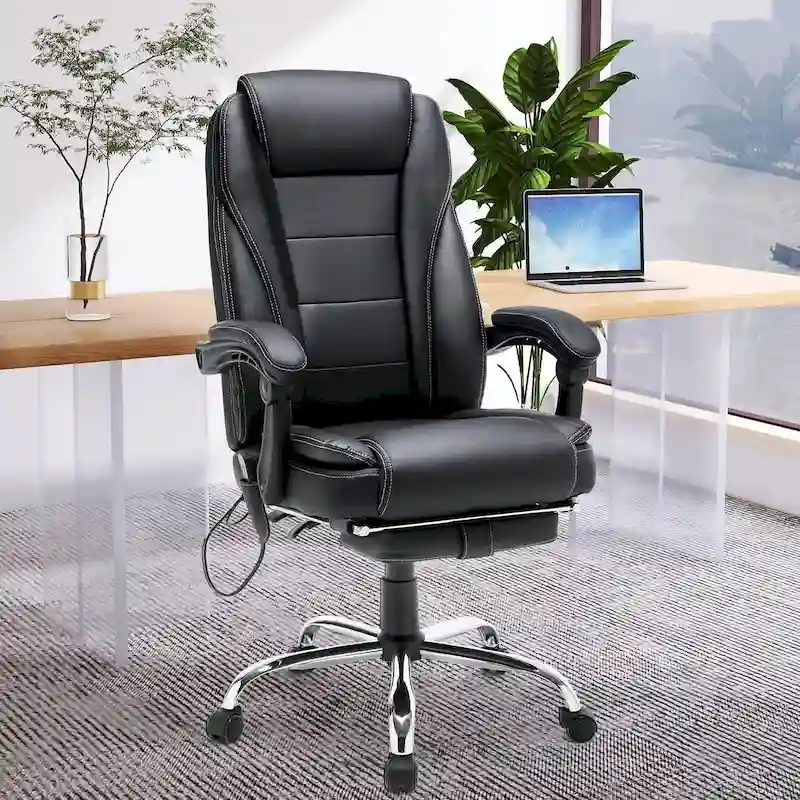 Ergonomic Heated Executive Office Chair, 2/4/6-Point Massage, Retractable Footrest, PU Leather