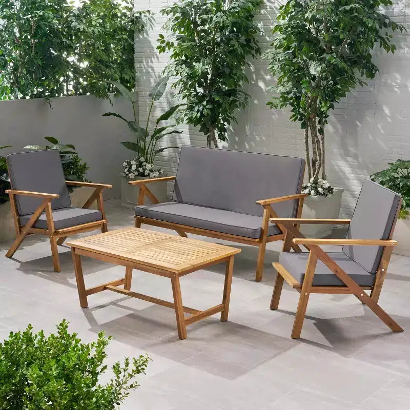 MAYEERTY 4-Piece Acacia Wood Patio Chat Set, Gray Water Resistant Cushions