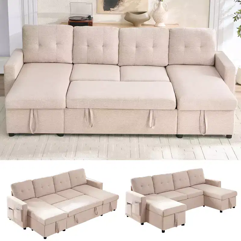 4-Seater Modular Sleeper Sofa Bed with Storage Chaise, U-shaped Sofa with Pull-out Bed