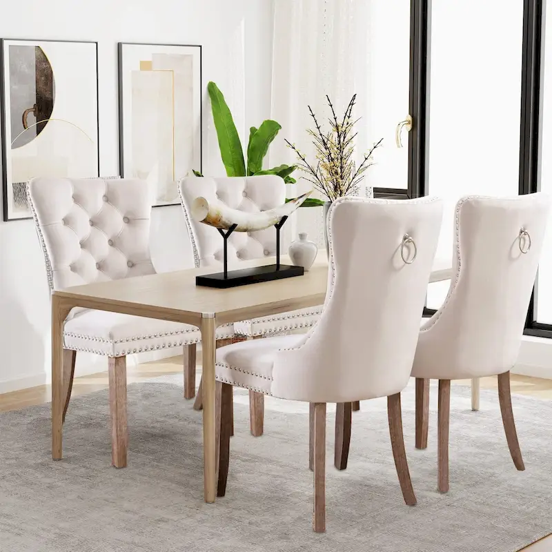 Beige/Blue/Grey/Black/Yellow Velvet Dining Chairs, Upholstered Side Chair with Padded Seat & Wood Legs, Set of 6