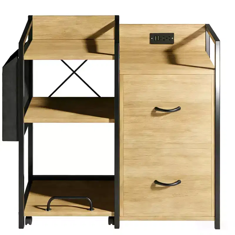 Black Rustic Wood Printer Stand with Iron Frame Storage Cabinet