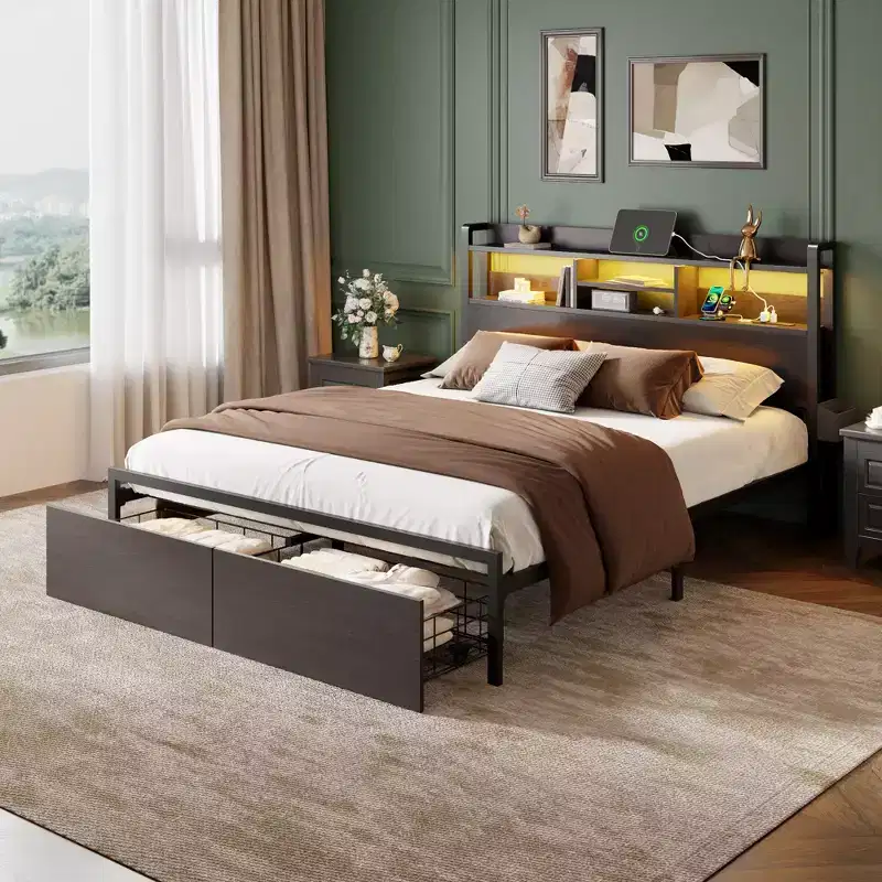 Queen Platform Bed Frame with Storage Drawers, LED Lights, and Charging Station