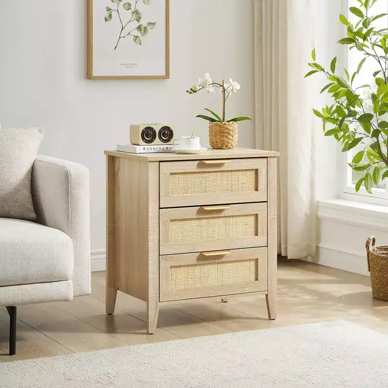 Rattan Nightstand, Boho Nightstand with 3 Natural Rattan Drawers, Bedside Table with Sturdy Wood Legs, Modern Side Table with Storage Drawers