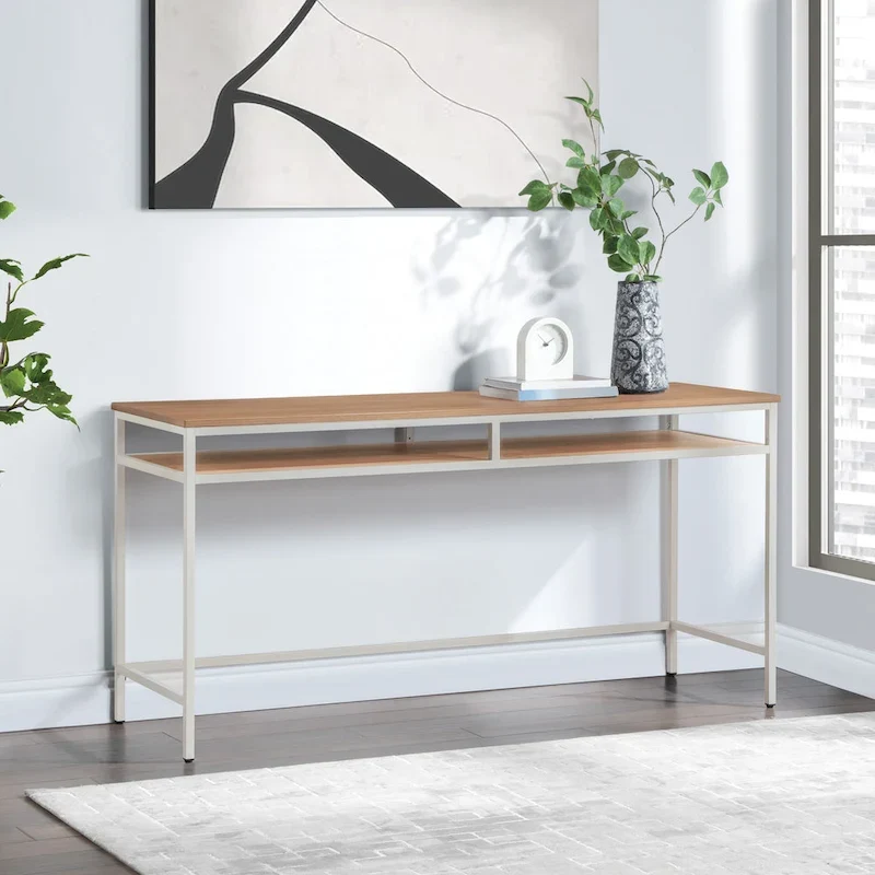 60 Inch Modern Open Shelf Writing Desk with Steel Frame - Woodgrain Top