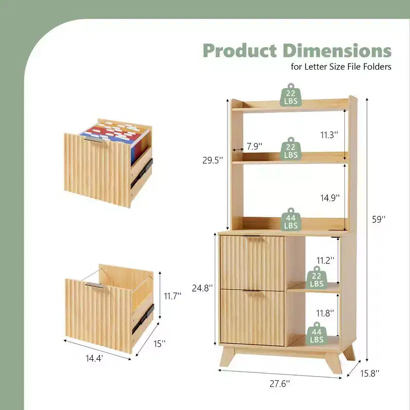 Wood Grain P2 MDF 2 Drawer Filing Cabinet with Shelves