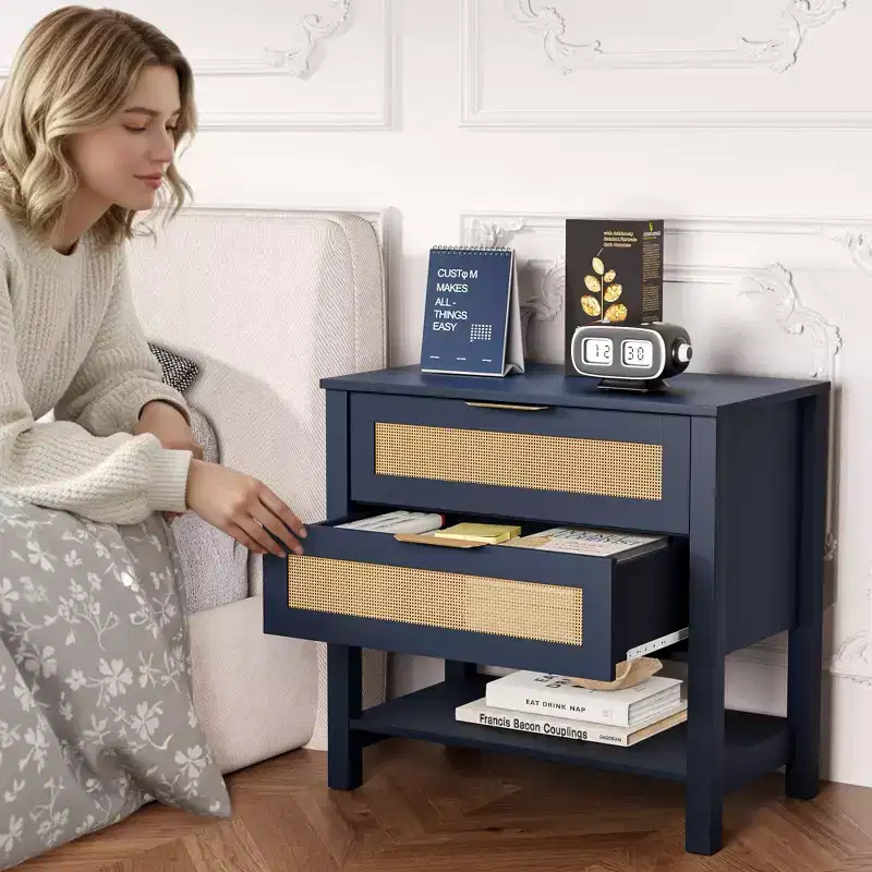 Rattan 2 Drawer Nightstand for Bedroom and Living Room