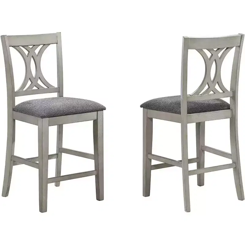Counter Height Dining Stools Set of 2 Wash White Wood X-Back Gray Upholstered Seat