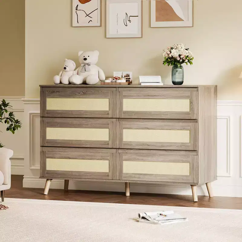 6 Drawer Dresser for Bedroom, Rattan Chest of Dressers, Natural