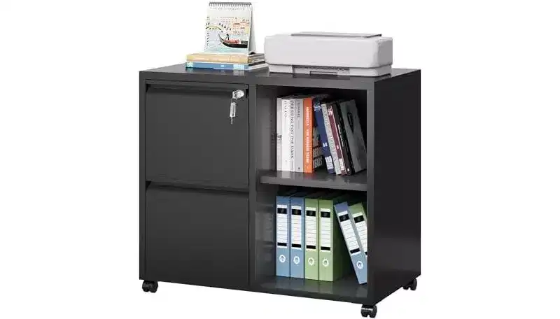 Metal Lateral File Cabinet with Lock, 2-Drawer Rolling Printer Stand with Shelf, Mobile Storage Cabinet for Home Office