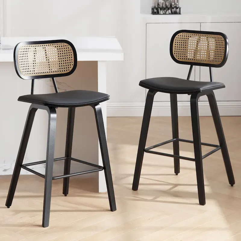 26-inch Wood Counter Height Bar Stools with Rattan Back