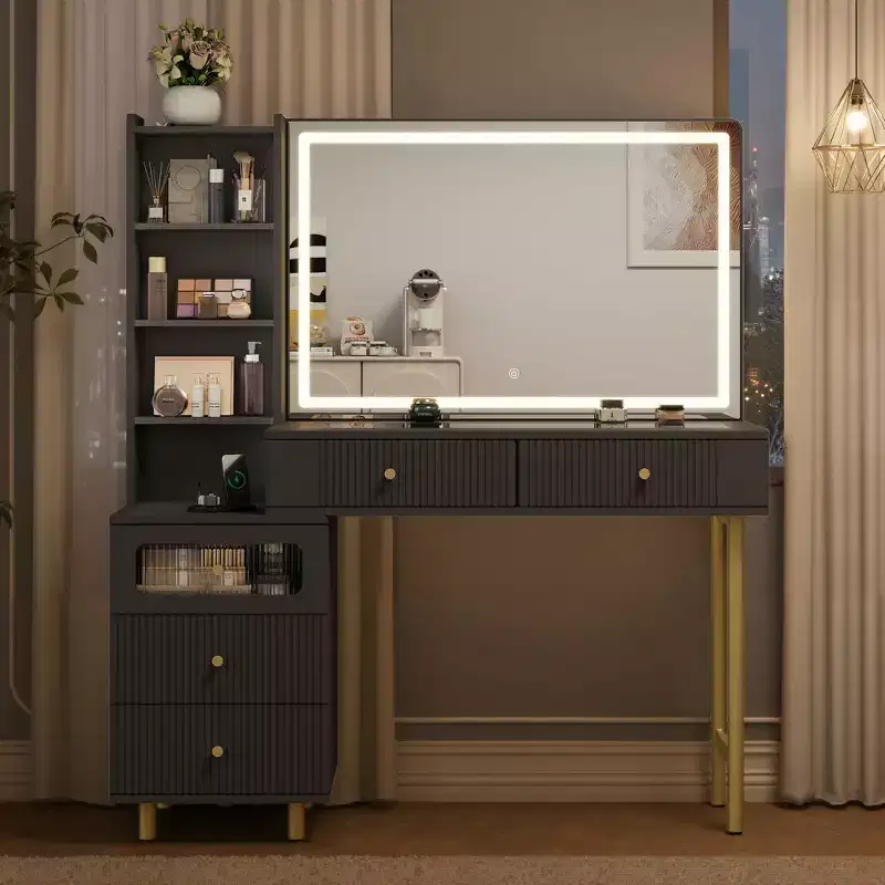 48 Makeup Vanity with Mirror and Lights, Fluted Modern Vanity with Glass top & Storage Cabinet