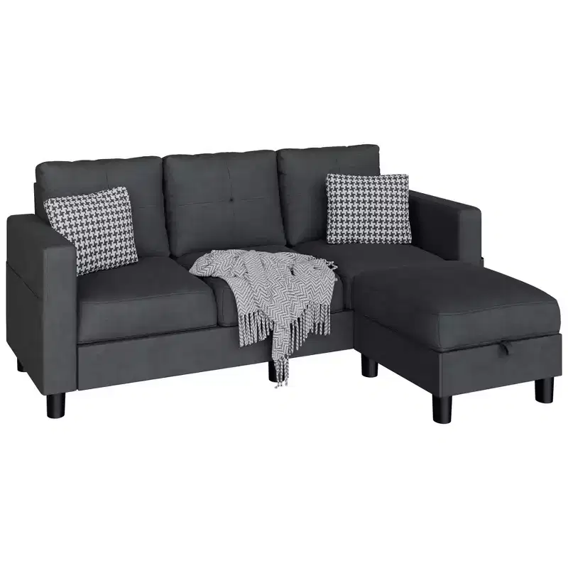 Celebalcony Sectional Small Couch Sofas, L-Shaped Couch 3 Seat Sectional Sofa with Polyester Fabric and Movable Ottoman for Apartments, Office