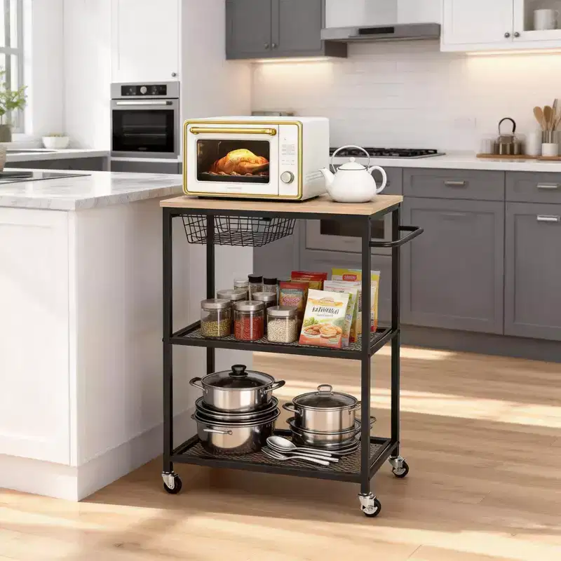 Microwave Kitchen Cart with Push Handle, 3 Tier Rolling Cart with 2 Lockable Wheels, Kitchen Storage Cart with Storage for Kitchen Island Restaurant