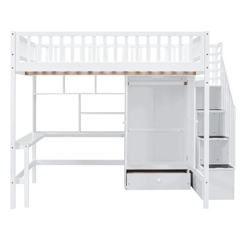 Wooden Full size Loft Bed with Bookshelf,Drawers,Desk,and Wardrobe