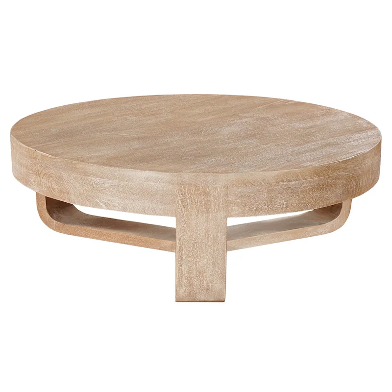 Milan Coffee Table, 32 Inch Round Top, Mango Wood with Sandblasted Natural Brown, Open Sled Base