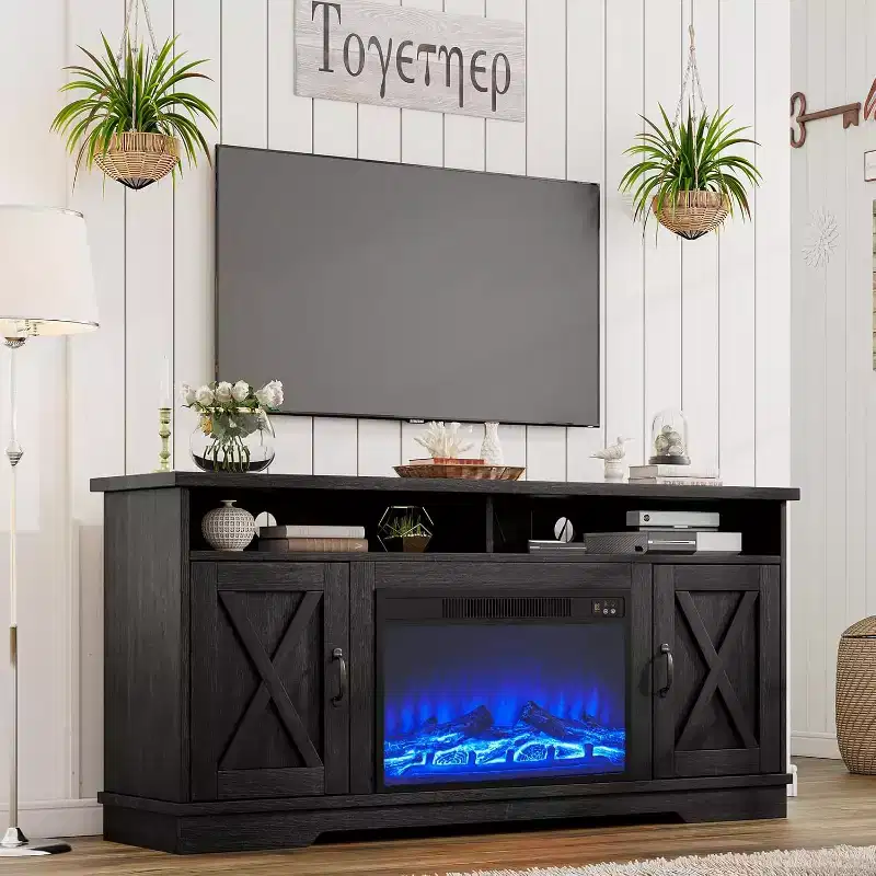 AMERLIFE 63 Farmhouse TV Stand with 26 Fireplace, for TVs up to 73 for Living Room