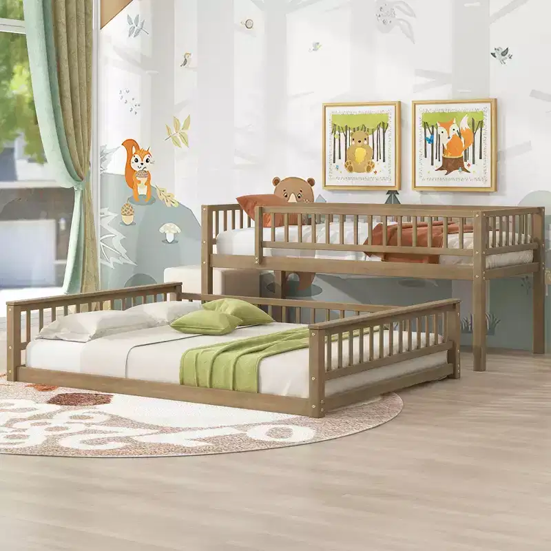 GDFStudio Carol Guardrails and Convertible Design Wood Bunk Bed with Ladder