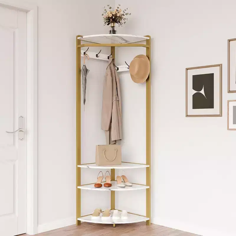 Corner Coat Rack, Corner Hall Tree with Shoe Bench Shelf & 6 Double Hooks for Entryway, Hallway, Bathroom, Closet