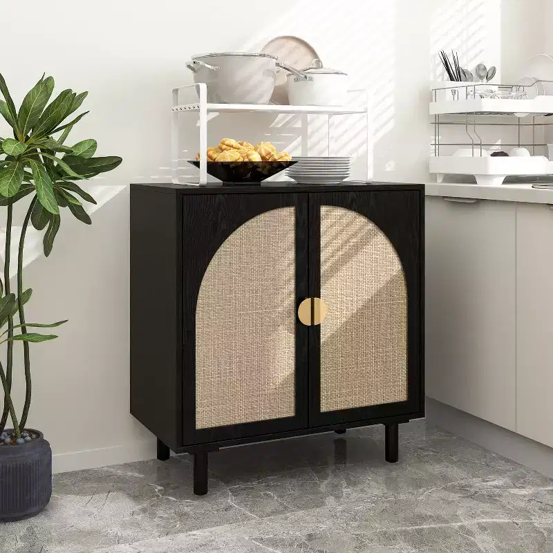 Elegant Rattan Storage Cabinet, 2-Door Buffet Sideboard with Solid Pine Wood Feet for Bedroom, Living Room, Study - ModernLuxe