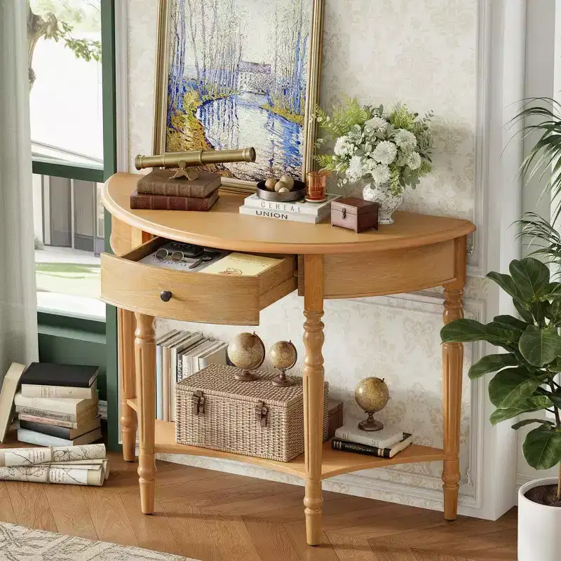 Polibi Farmhouse Crescent Entry Console with Drawer & Shelf