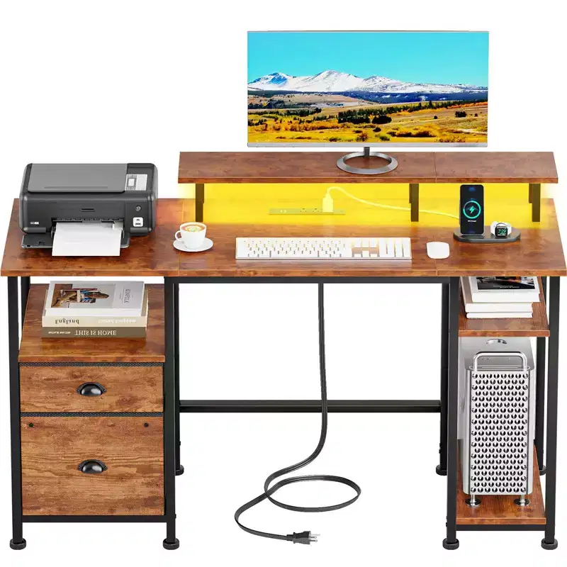 Brown 51 Inches Reversible Home Office Computer Desk with File Cabinet Monitor Stand Storage Shelves Power Outlets LED Gaming Study Workstation Table