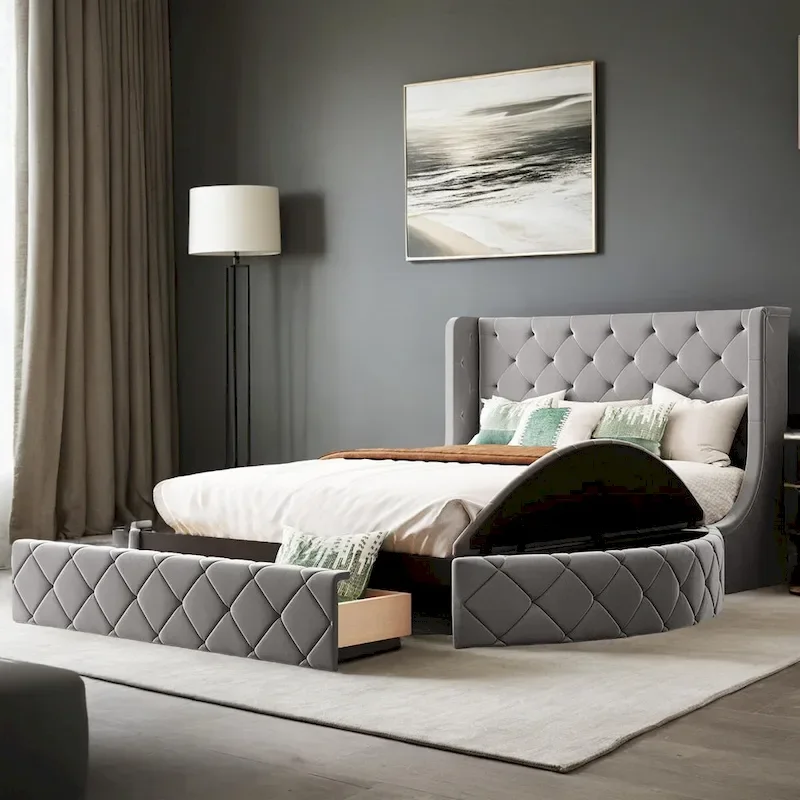 Pink / Gray / Beige / Blue Velvet Queen Platform Bed with Wingback Headboard, 1 Drawer and 2 Side Stools for 2 Person