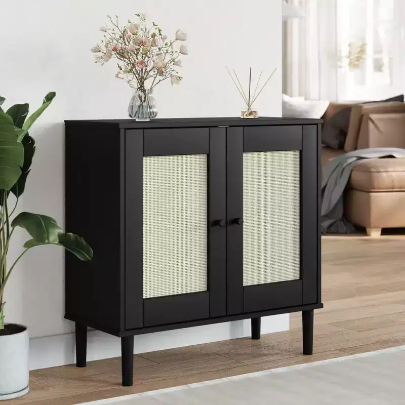 Sideboard Buffet Storage Cabinet with Rattan Look, Solid Wood Pine